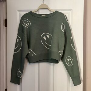 altar’d state Green Cropped Smiley Face Sweater